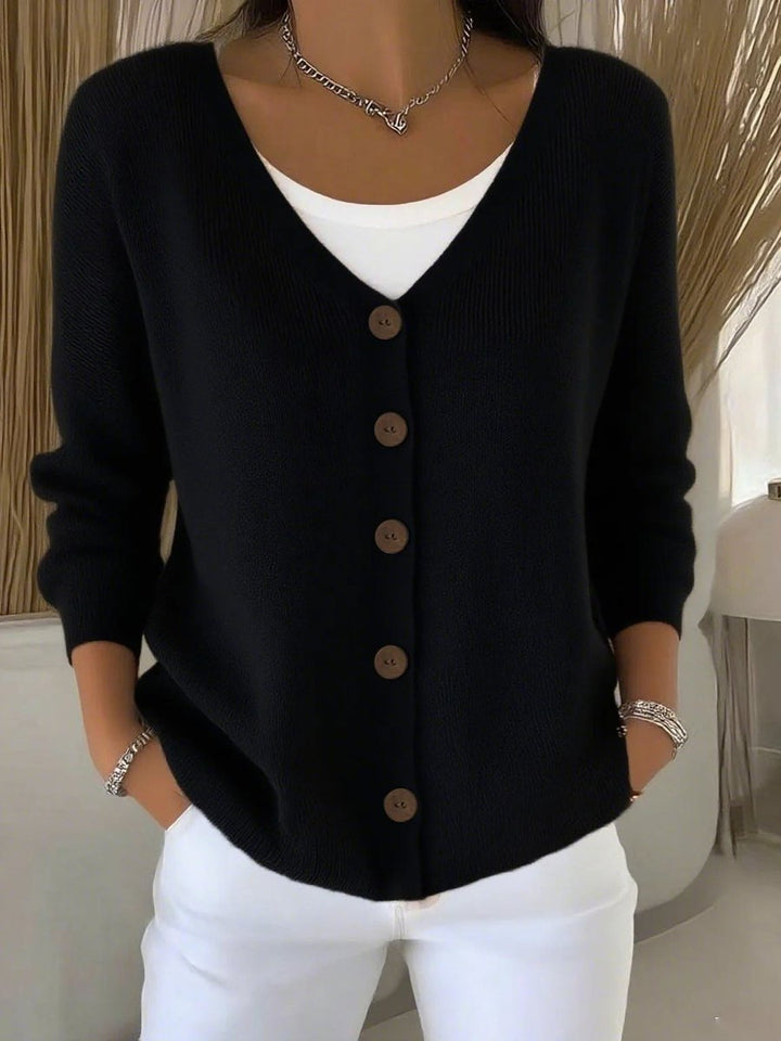 Women's Long Sleeve V-Neck Button-Front Knit Sweater - Black