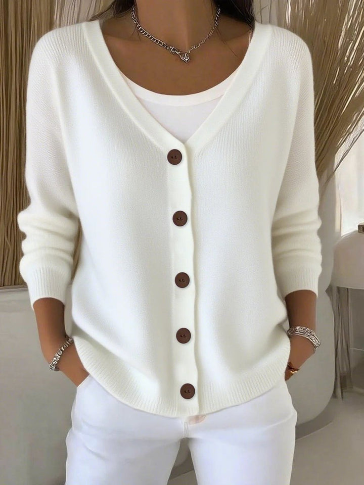 Women's Long Sleeve V-Neck Button-Front Knit Sweater - White
