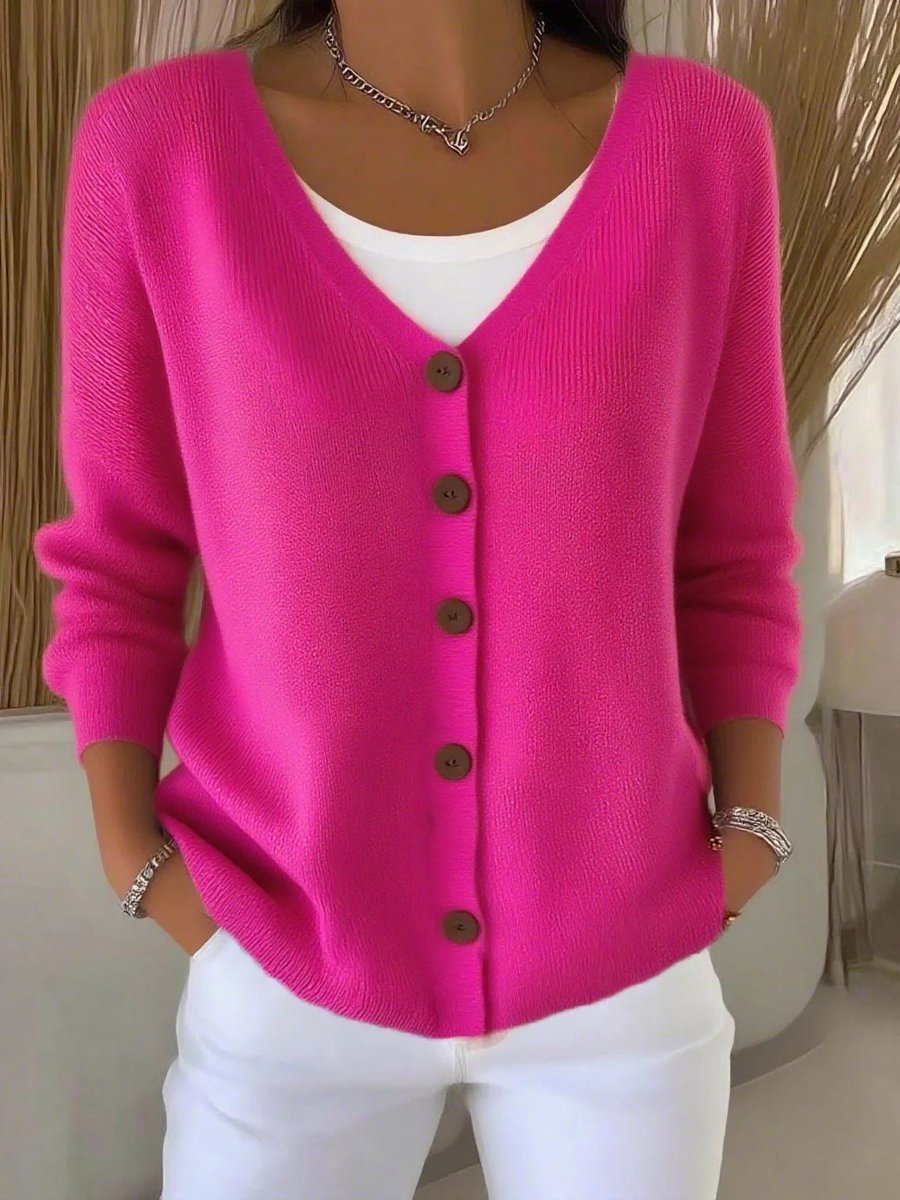 Women's Long Sleeve V-Neck Button-Front Knit Sweater - Rose Red