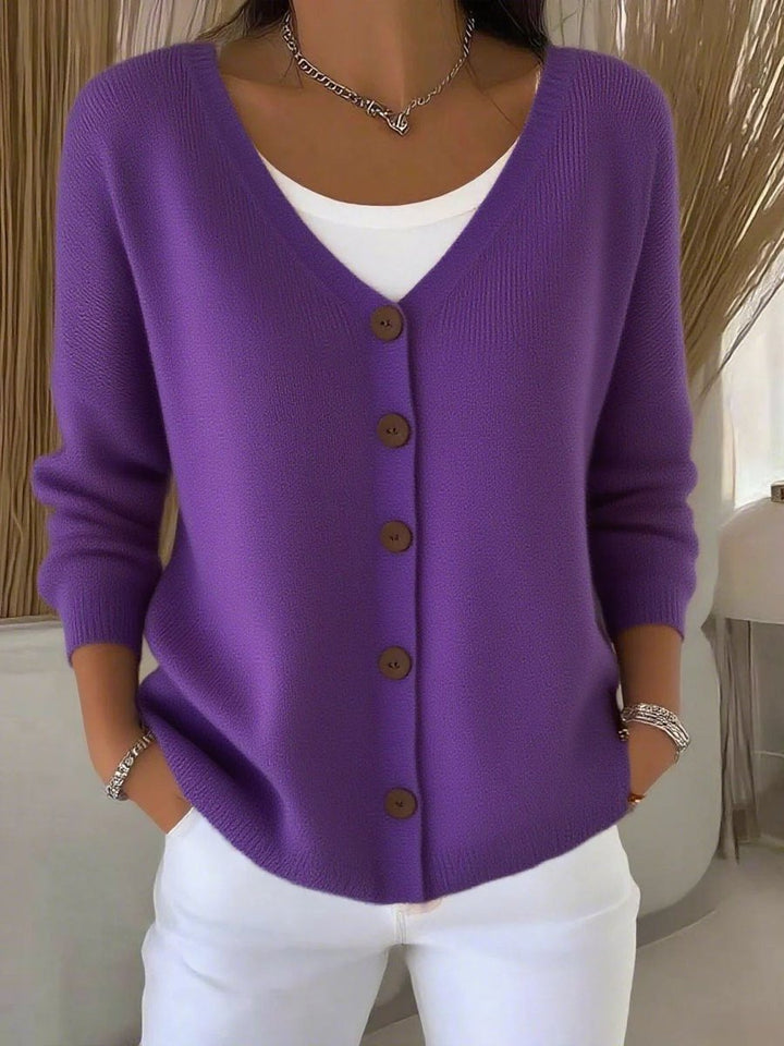 Women's Long Sleeve V-Neck Button-Front Knit Sweater - Purple