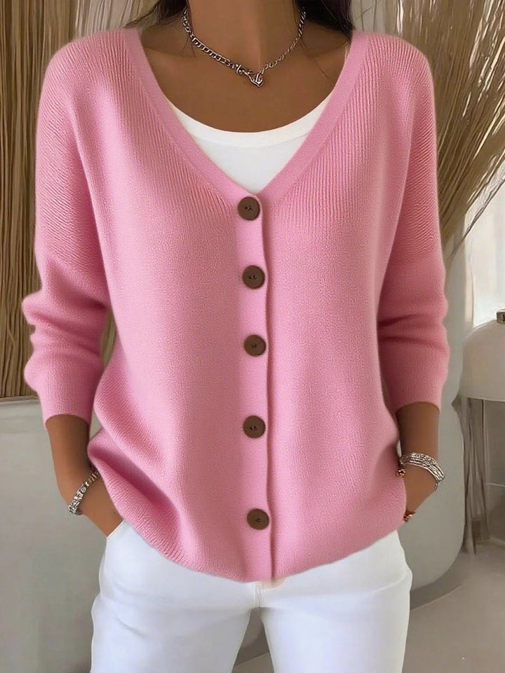 Women's Long Sleeve V-Neck Button-Front Knit Sweater - Pink
