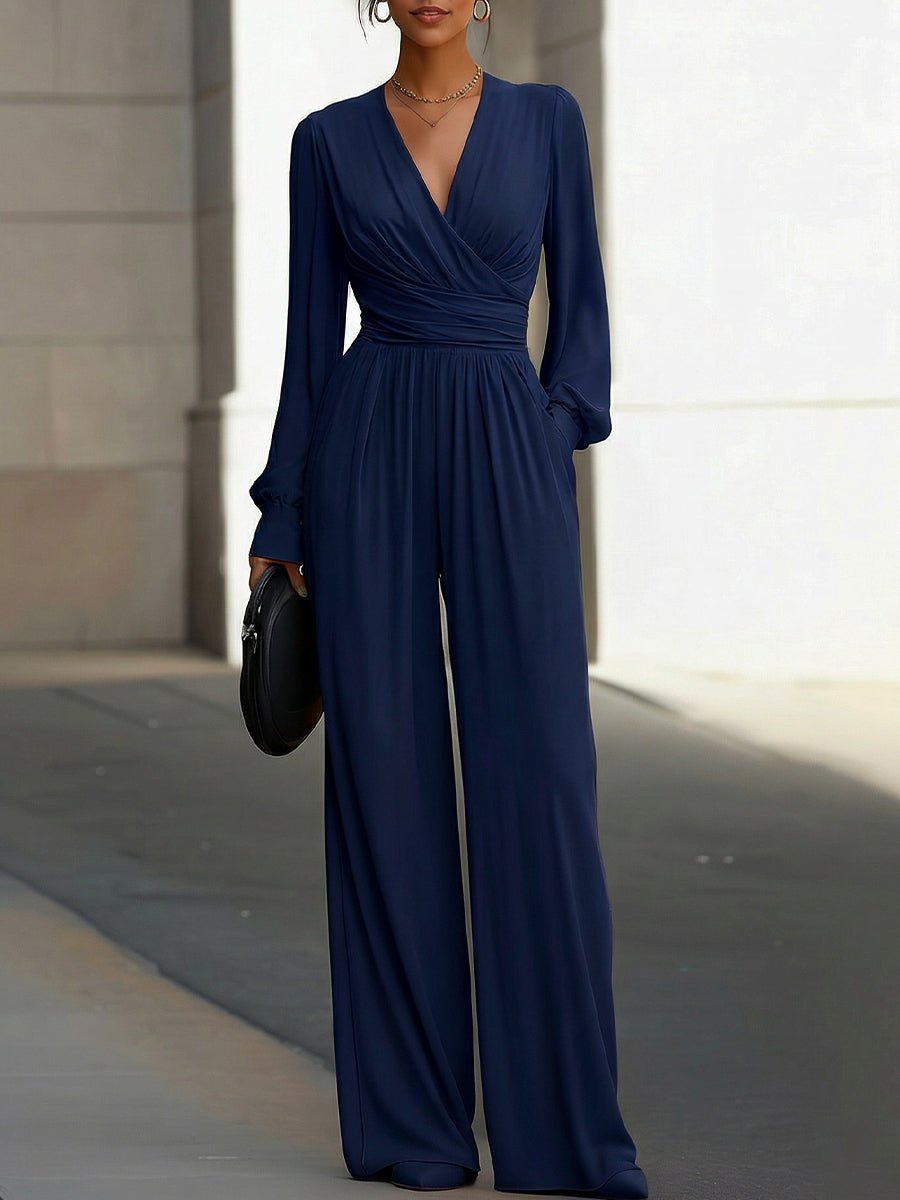 Women's Long Sleeve V-Neck Wide-Leg Jumpsuit - Navy Blue