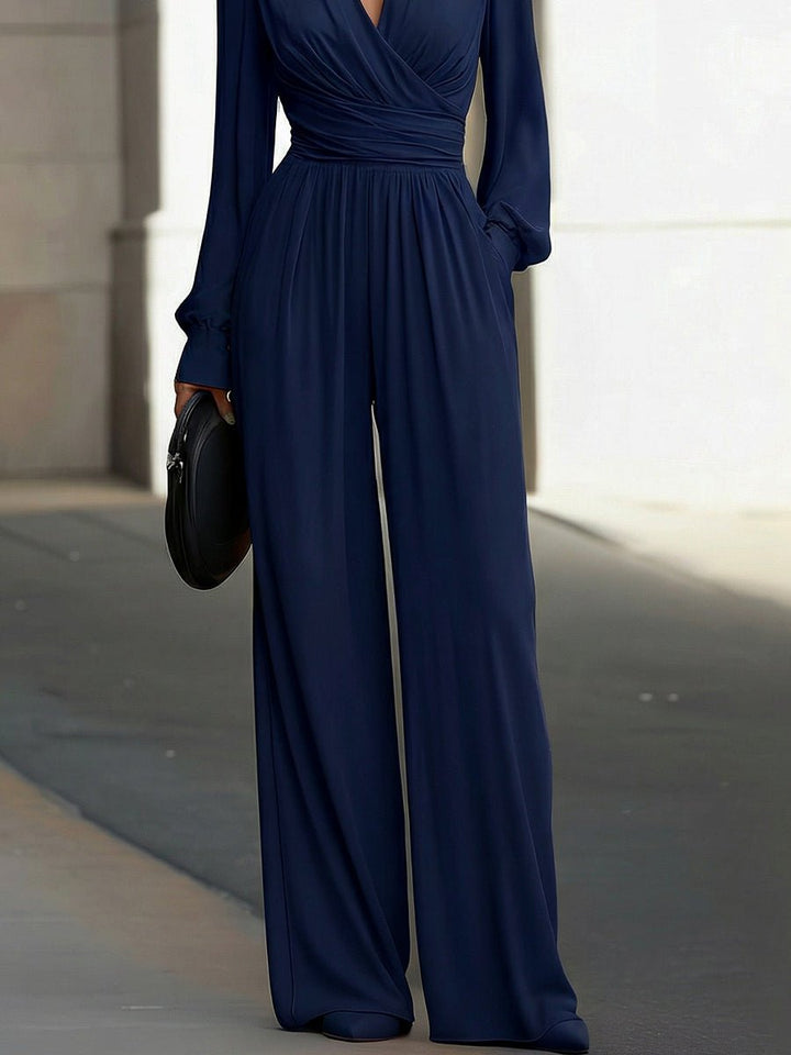 Women's Long Sleeve V-Neck Wide-Leg Jumpsuit