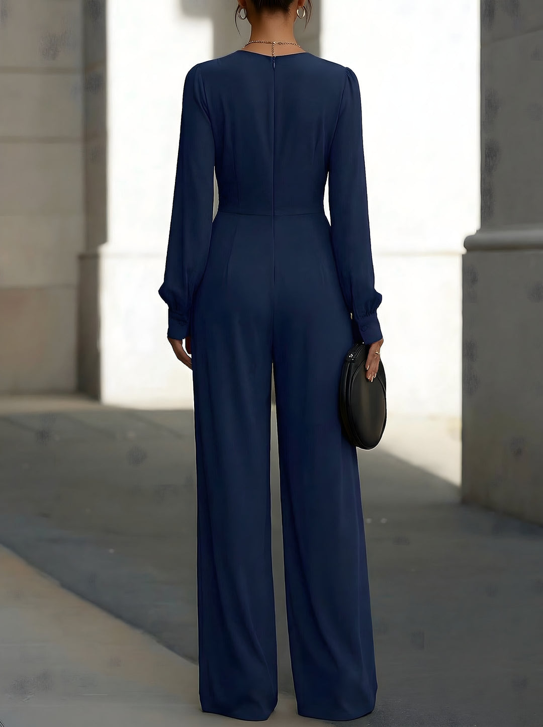 Women's Long Sleeve V-Neck Wide-Leg Jumpsuit