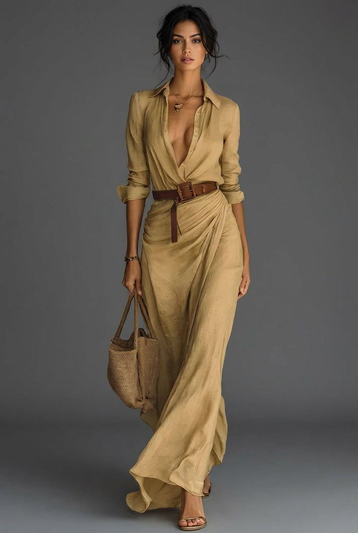 Women's Long Sleeve Wrap Maxi Dress - Khaki