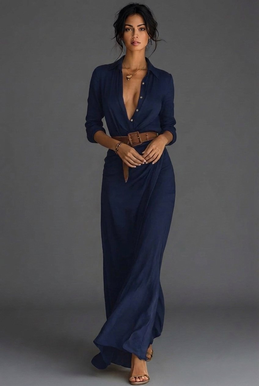 Women's Long Sleeve Wrap Maxi Dress - Navy Blue