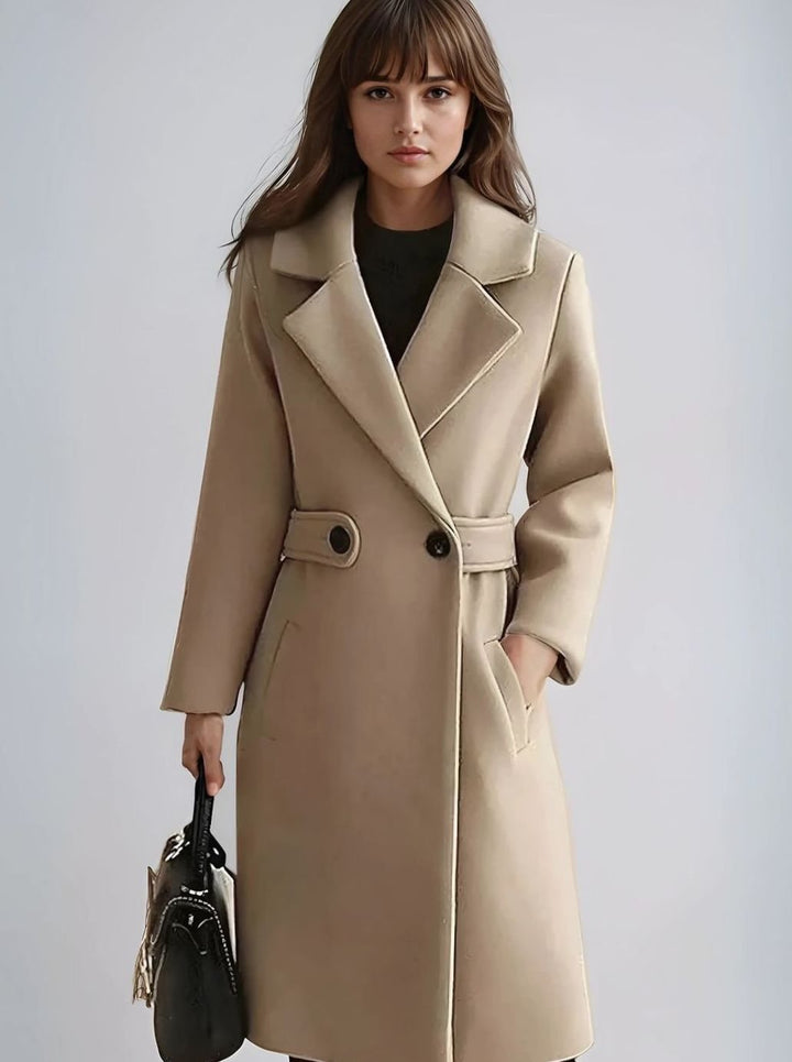 Women's Longline Belted Notch-Lapel Tailored Winter Coat - Camel