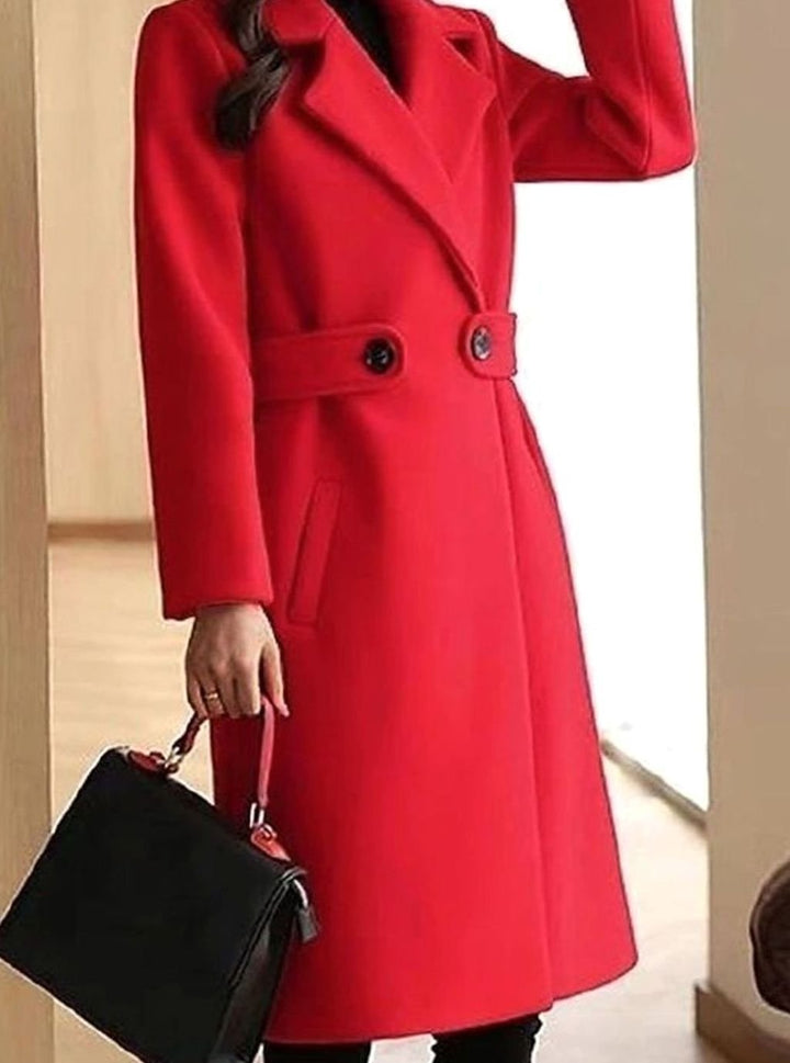 Women's Longline Belted Notch-Lapel Tailored Winter Coat - Red