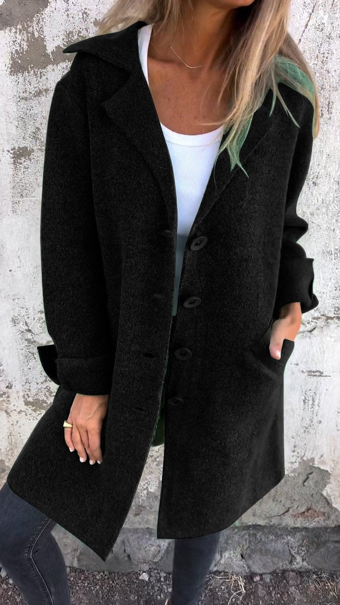Women's Longline Button-Up Coat Lapel Collar Oversized Fit - Black
