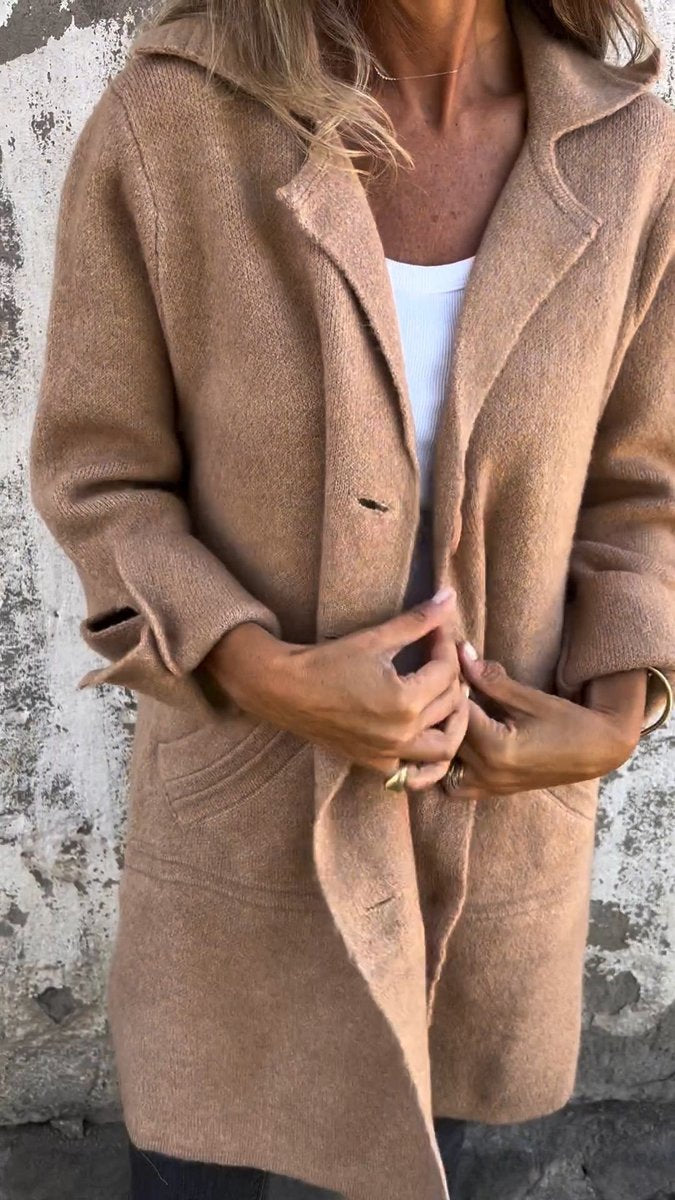 Women's Longline Button-Up Coat Lapel Collar Oversized Fit - Khaki