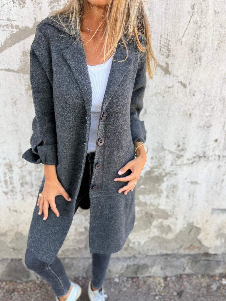 Women's Longline Button-Up Coat Lapel Collar Oversized Fit - Grey