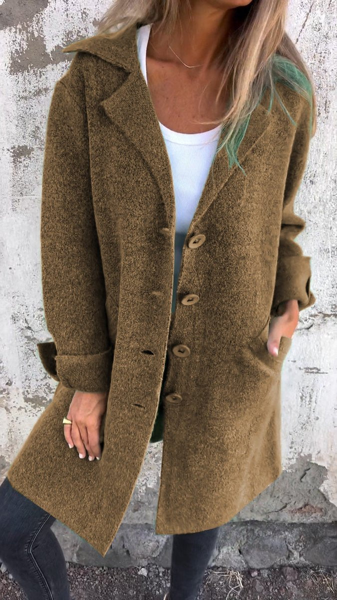 Women's Longline Button-Up Coat Lapel Collar Oversized Fit - Brown