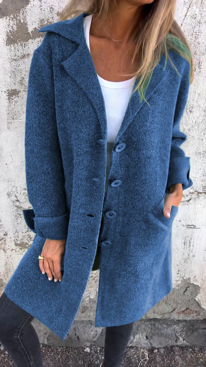 Women's Longline Button-Up Coat Lapel Collar Oversized Fit - Blue