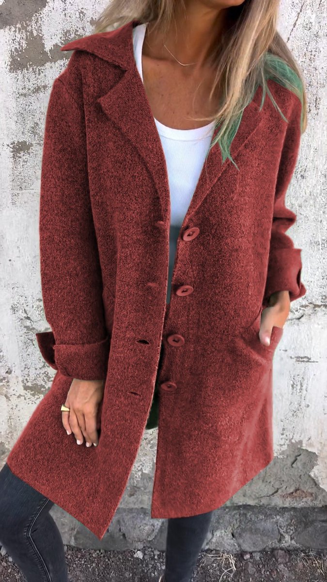 Women's Longline Button-Up Coat Lapel Collar Oversized Fit - Red