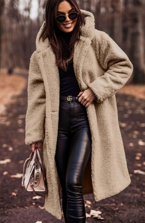 Women's Longline Hooded Faux Fur Winter Coat - Beige