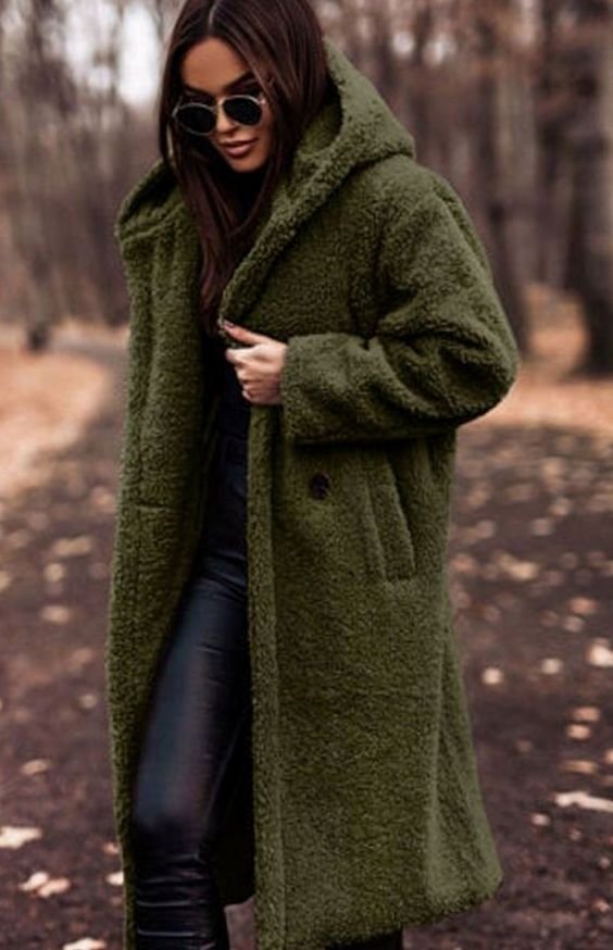 Women's Longline Hooded Faux Fur Winter Coat - Green