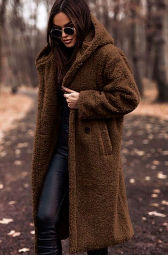 Women's Longline Hooded Faux Fur Winter Coat - Brown