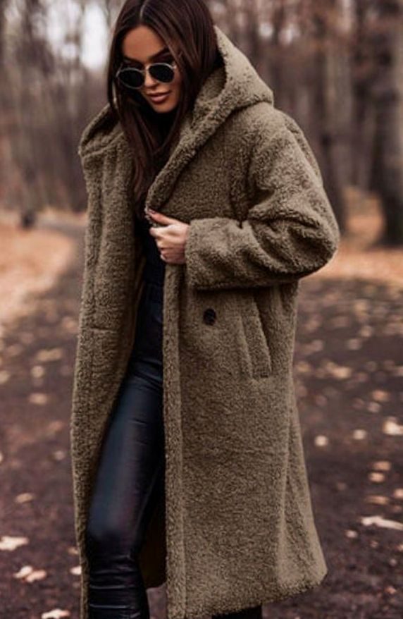 Women's Longline Hooded Faux Fur Winter Coat - Khaki