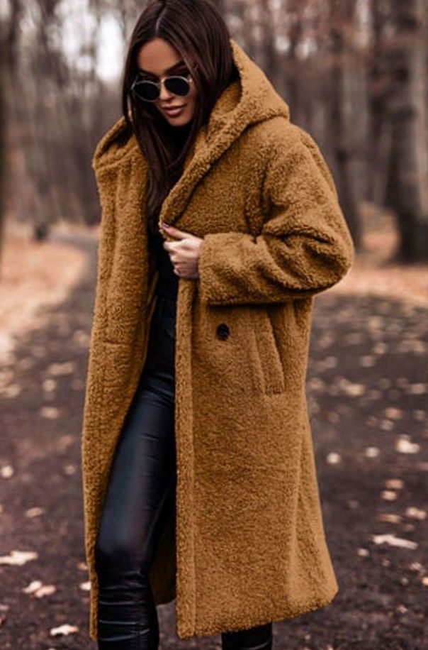 Women's Longline Hooded Faux Fur Winter Coat - Caramel