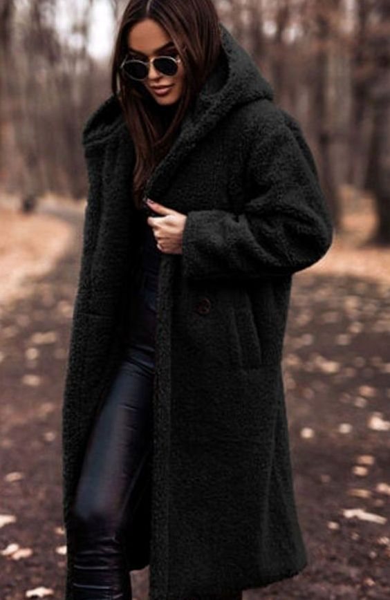 Women's Longline Hooded Faux Fur Winter Coat - Black