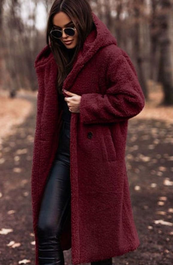 Women's Longline Hooded Faux Fur Winter Coat - Red