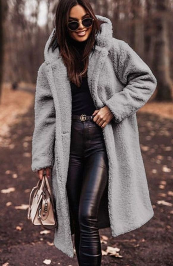 Women's Longline Hooded Faux Fur Winter Coat - Grey