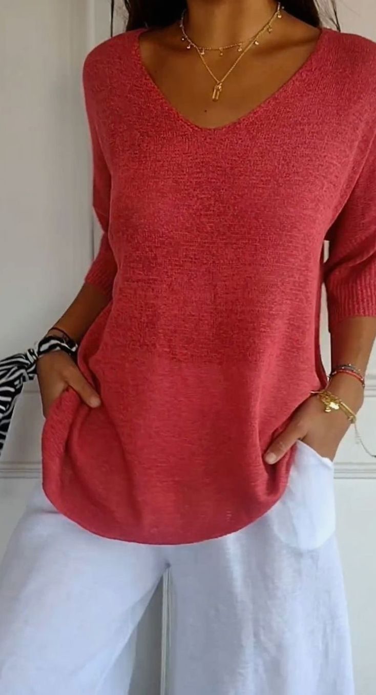 Women's Longline Loose-Fit V-Neck Knit Tunic Top - Red