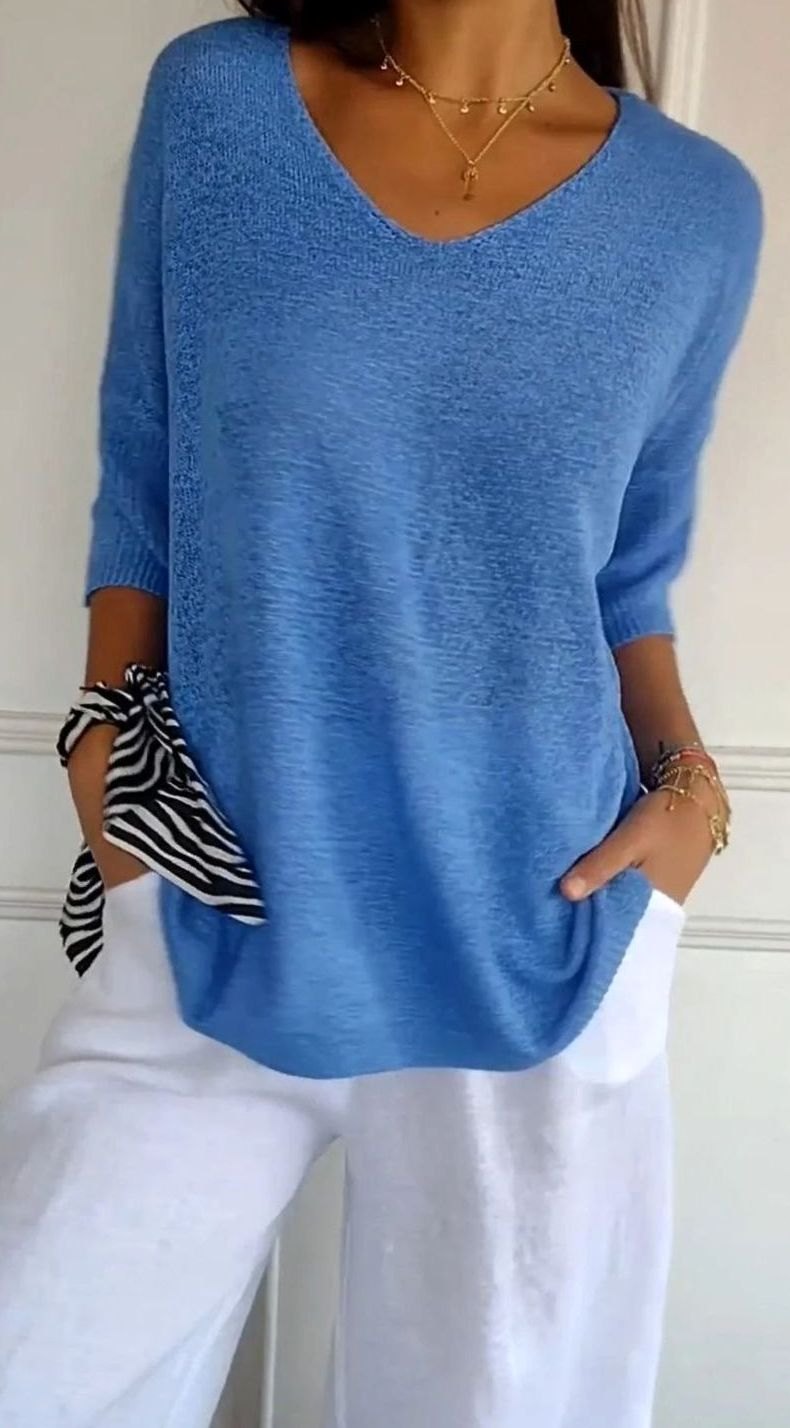 Women's Longline Loose-Fit V-Neck Knit Tunic Top - Blue