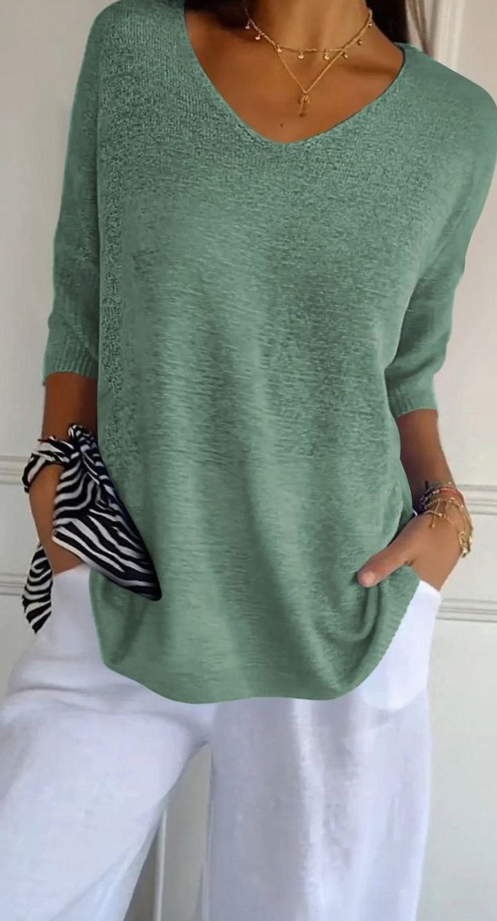 Women's Longline Loose-Fit V-Neck Knit Tunic Top - Grass Green