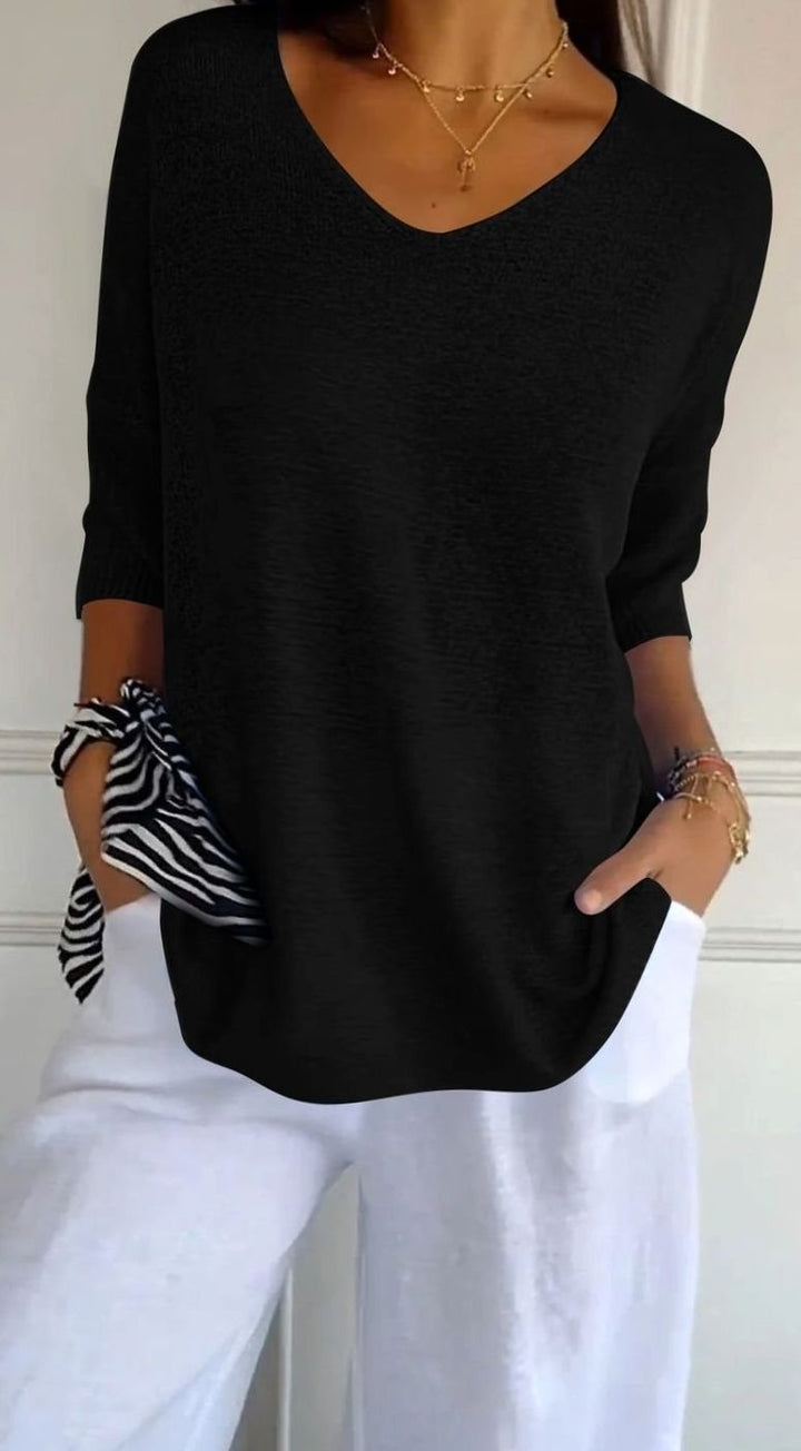 Women's Longline Loose-Fit V-Neck Knit Tunic Top - Black