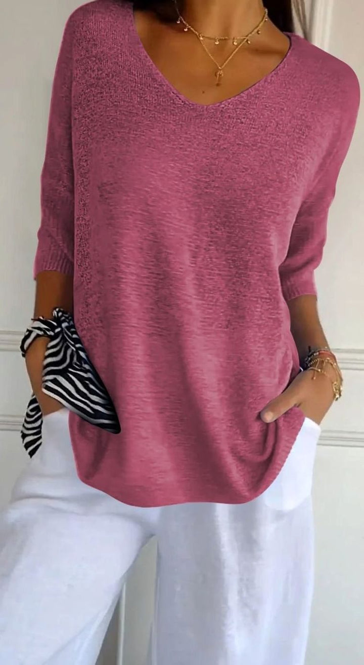 Women's Longline Loose-Fit V-Neck Knit Tunic Top - Pink Red