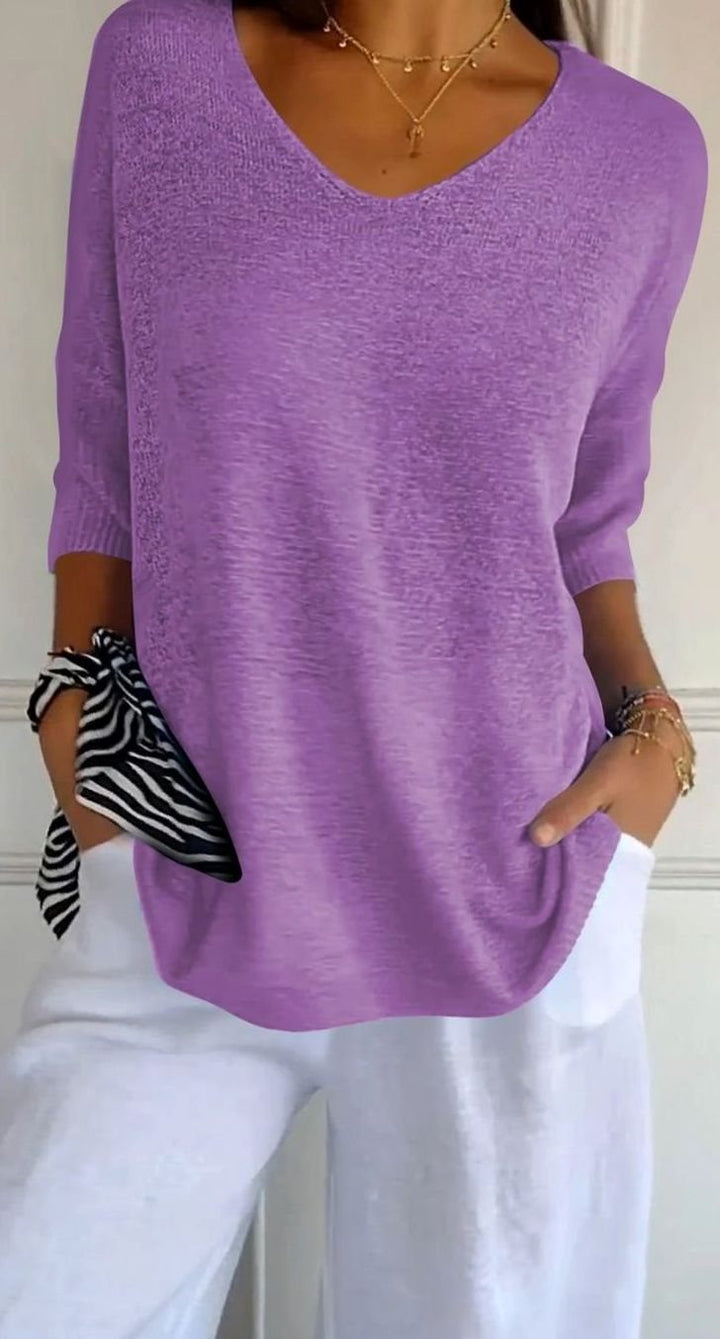 Women's Longline Loose-Fit V-Neck Knit Tunic Top - Violet