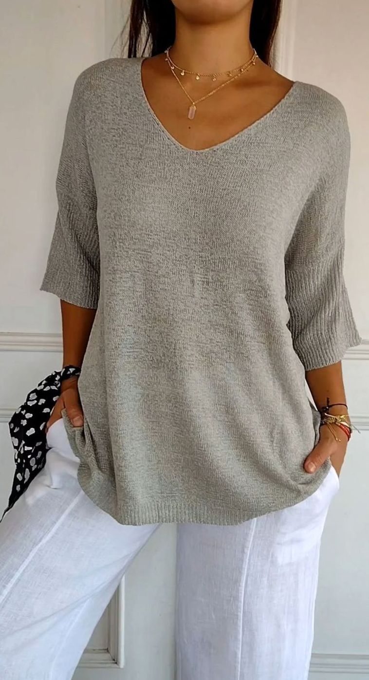 Women's Longline Loose-Fit V-Neck Knit Tunic Top - Grey