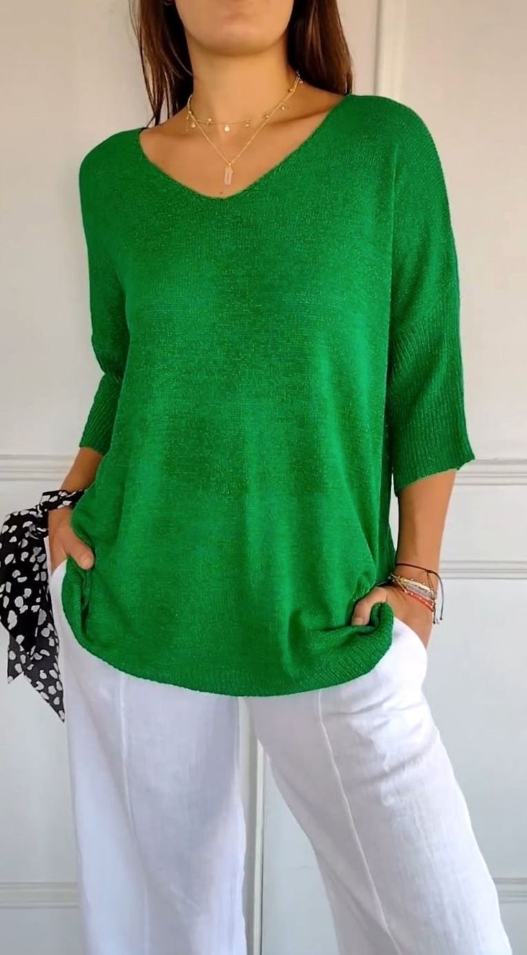 Women's Longline Loose-Fit V-Neck Knit Tunic Top - Green