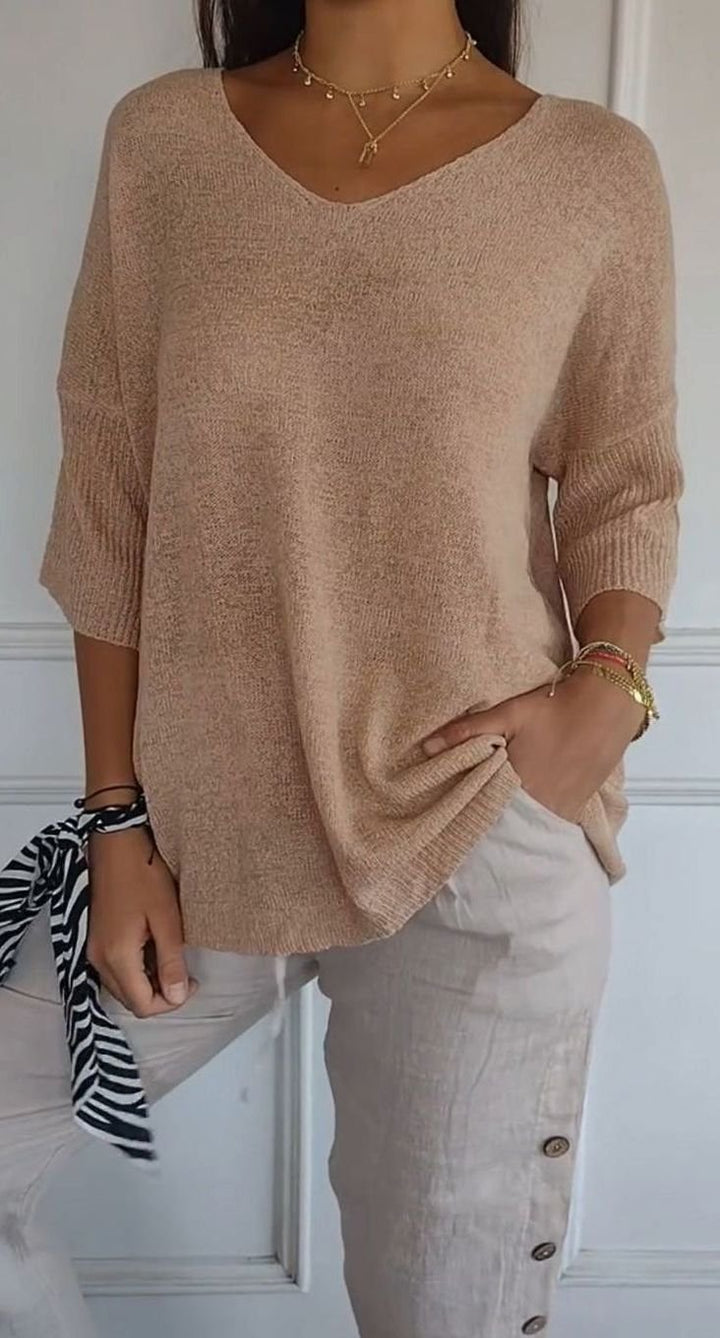 Women's Longline Loose-Fit V-Neck Knit Tunic Top - Apricot