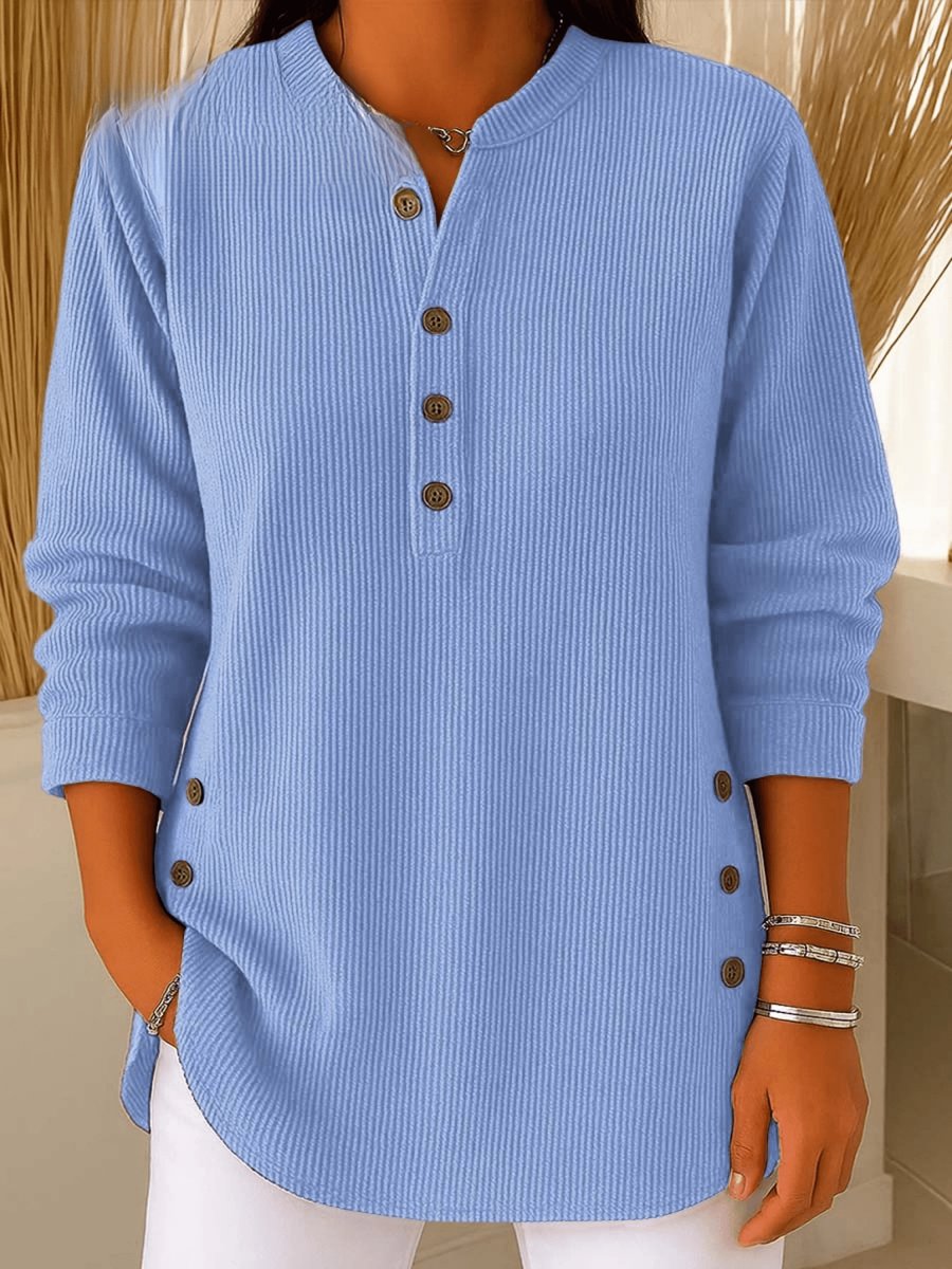 Women's Longline Ribbed Henley Tunic Side Button Detail - Blue