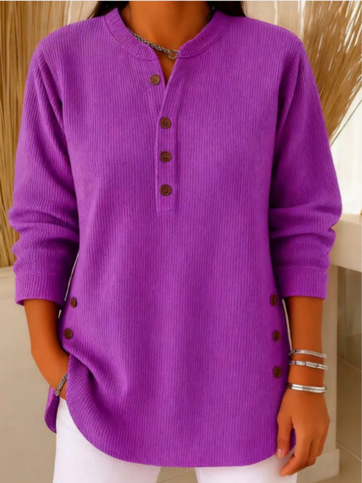Women's Longline Ribbed Henley Tunic Side Button Detail - Purple