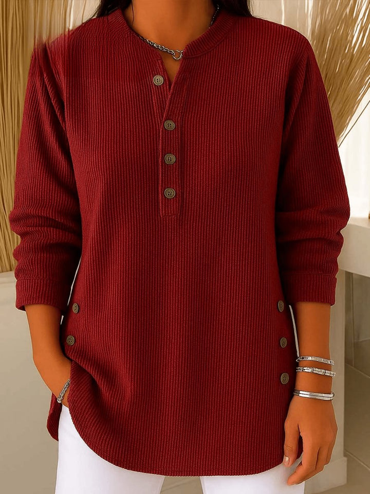 Women's Longline Ribbed Henley Tunic Side Button Detail - Burgundy