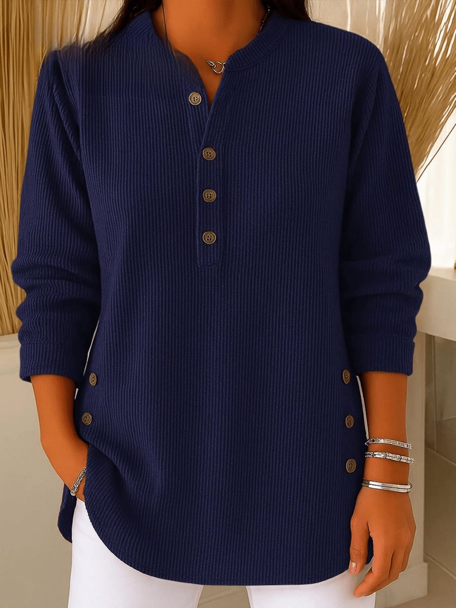 Women's Longline Ribbed Henley Tunic Side Button Detail - Navy Blue