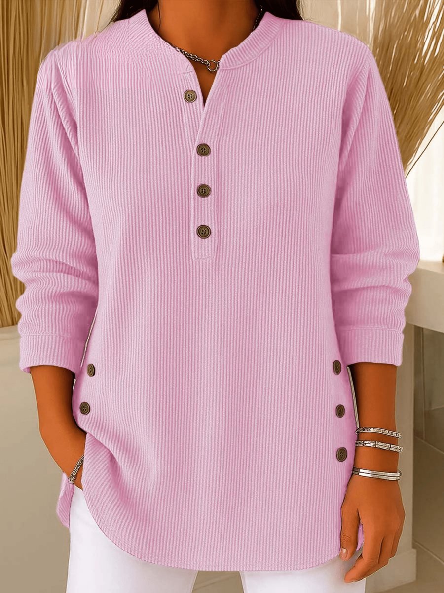 Women's Longline Ribbed Henley Tunic Side Button Detail - Pink