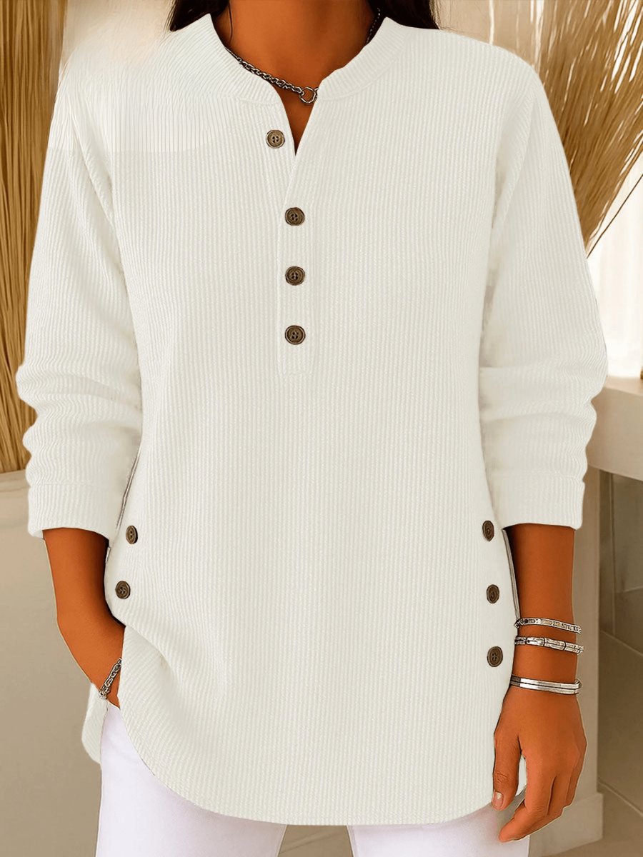 Women's Longline Ribbed Henley Tunic Side Button Detail - White