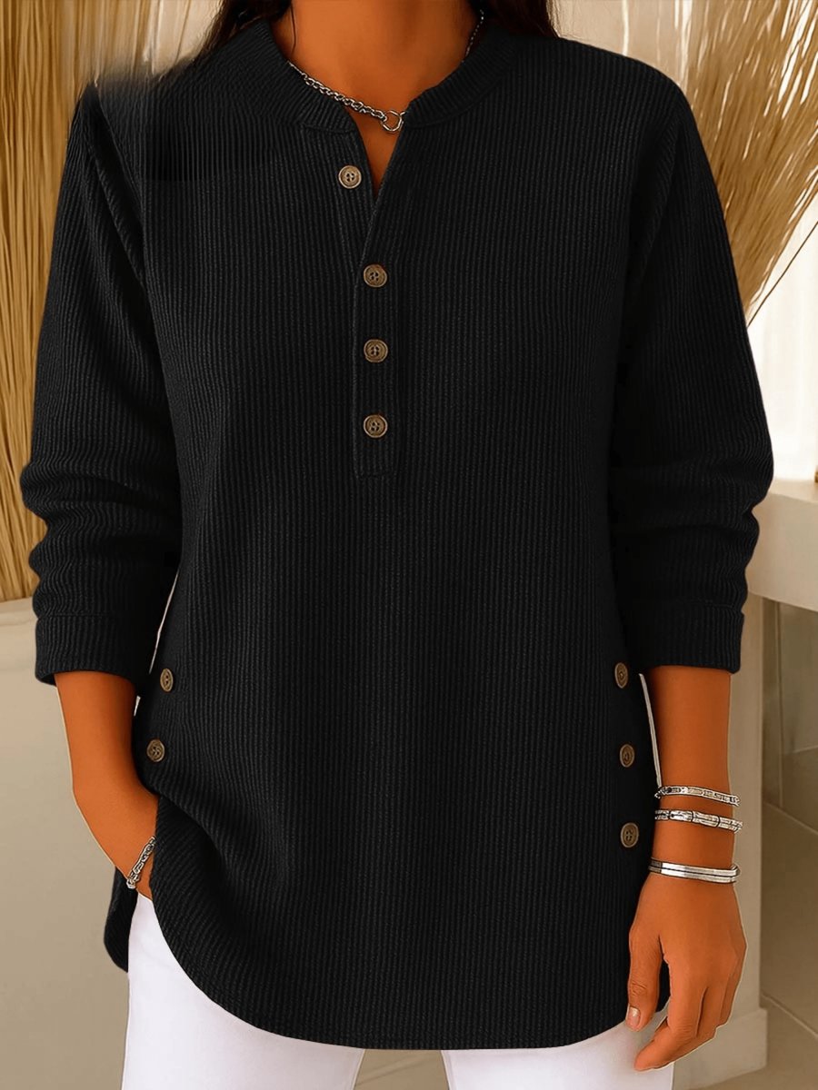 Women's Longline Ribbed Henley Tunic Side Button Detail - Black