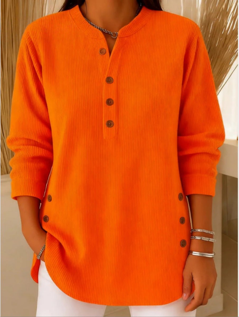 Women's Longline Ribbed Henley Tunic Side Button Detail - Orange