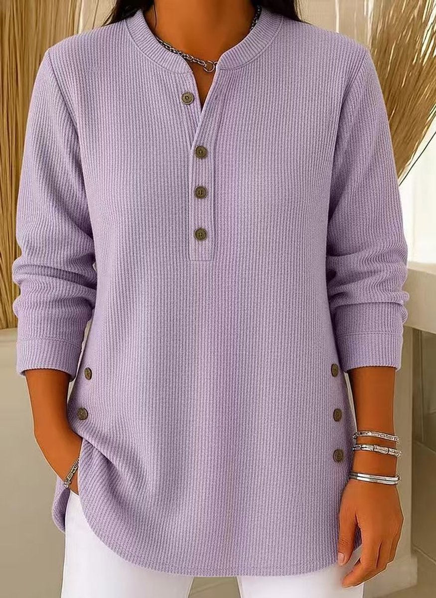 Women's Longline Ribbed Henley Tunic Side Button Detail - Lavender