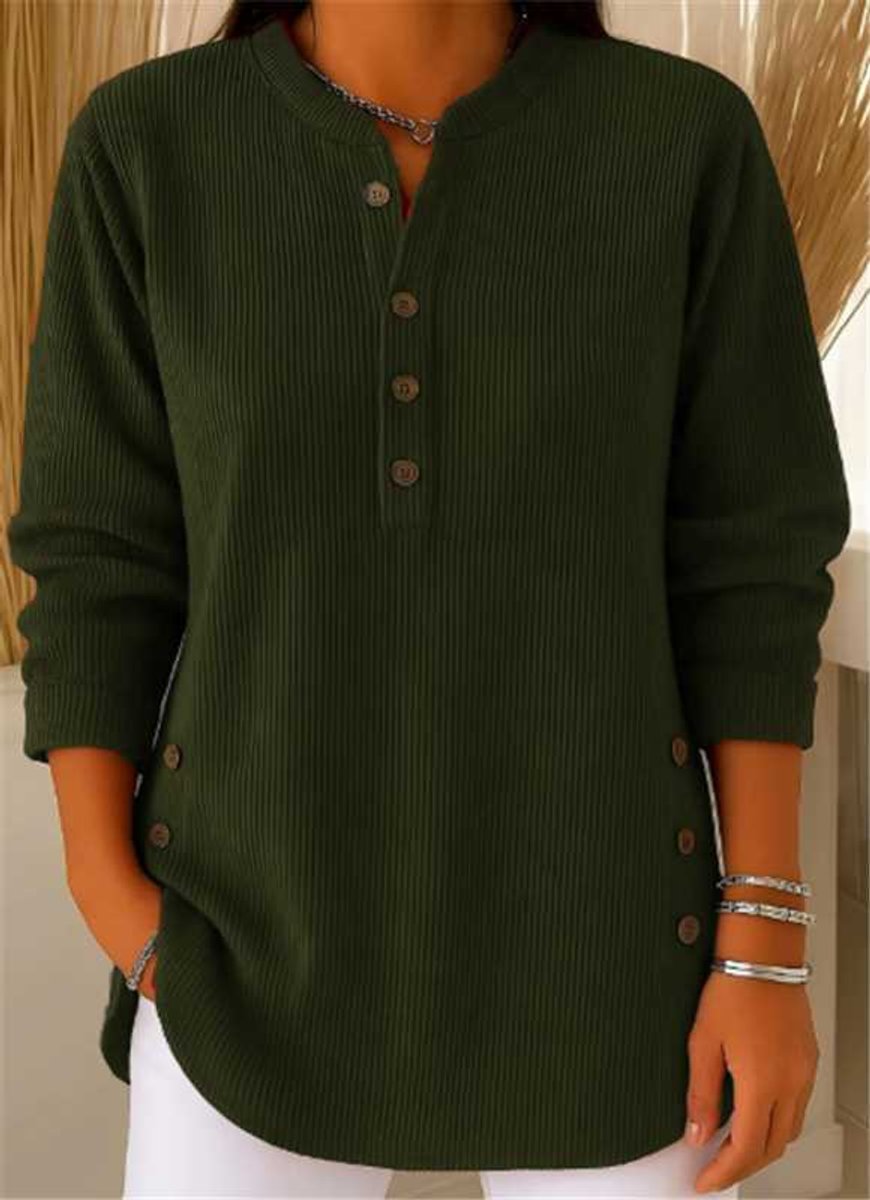 Women's Longline Ribbed Henley Tunic Side Button Detail - Dark Green