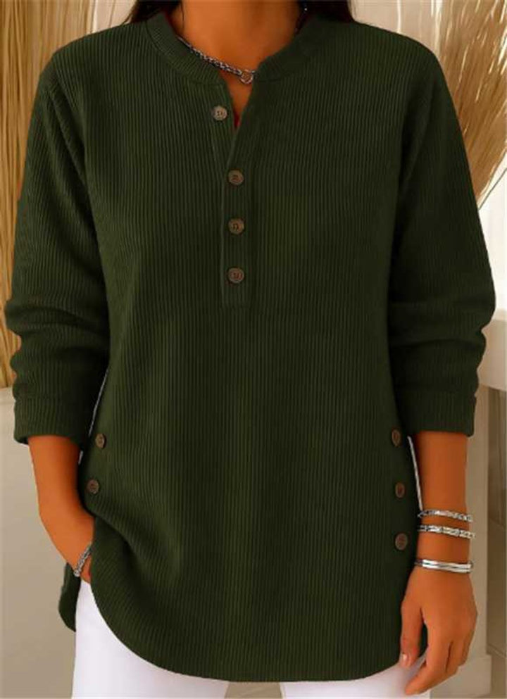 Women's Longline Ribbed Henley Tunic Side Button Detail - Dark Green