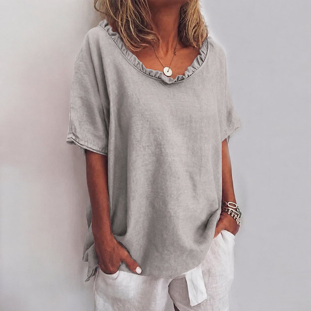 Women's Loose-Fit Frill-Neck Short-Sleeve Linen Blouse - Gray