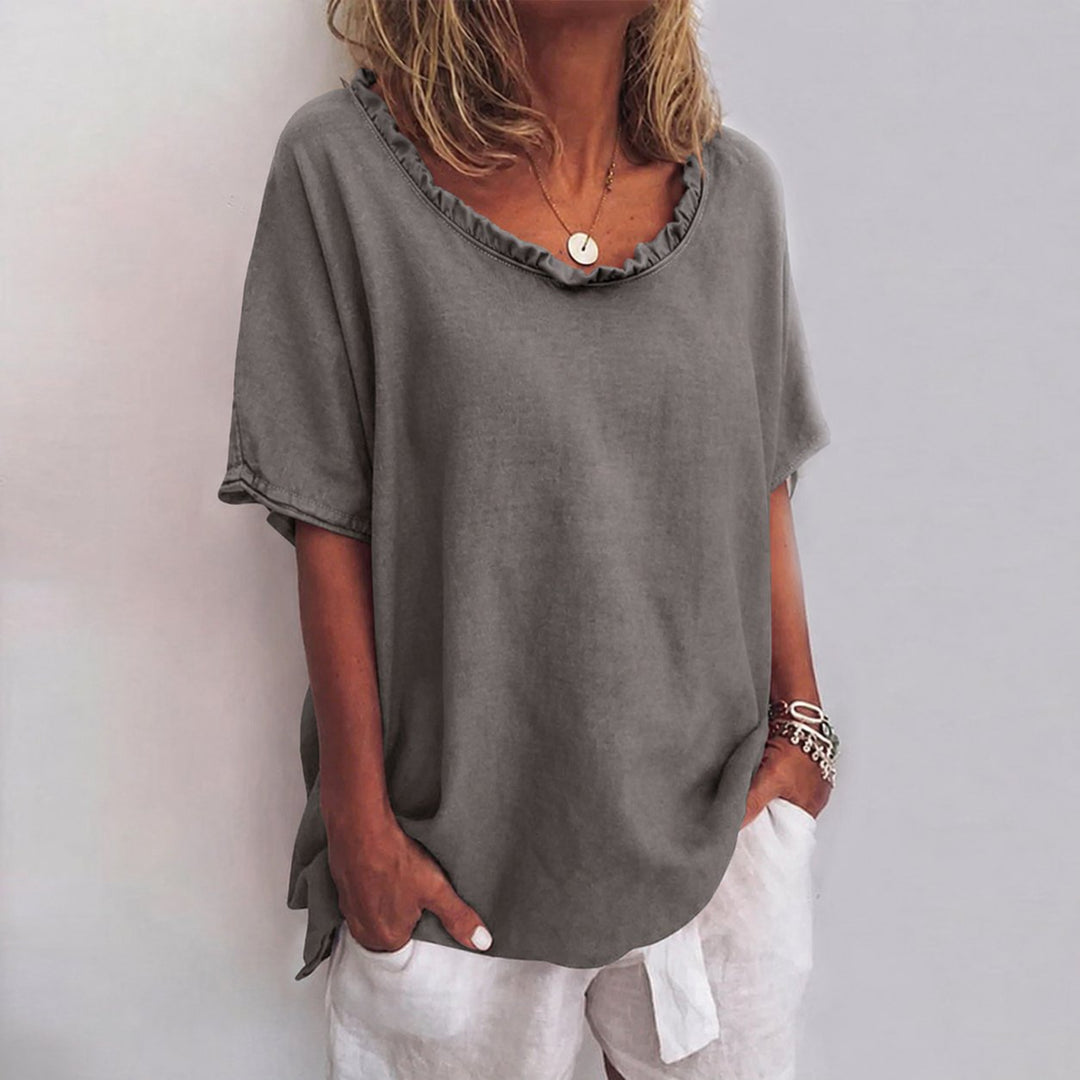 Women's Loose-Fit Frill-Neck Short-Sleeve Linen Blouse - Dark Gray