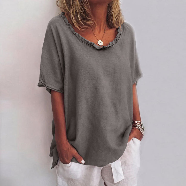 Women's Loose-Fit Frill-Neck Short-Sleeve Linen Blouse - Dark Gray