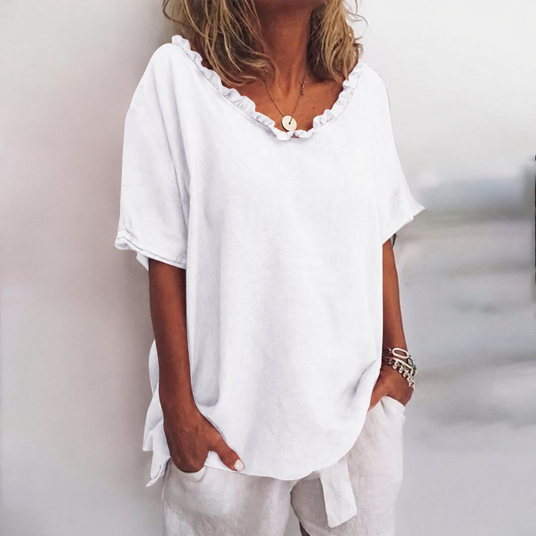 Women's Loose-Fit Frill-Neck Short-Sleeve Linen Blouse - White